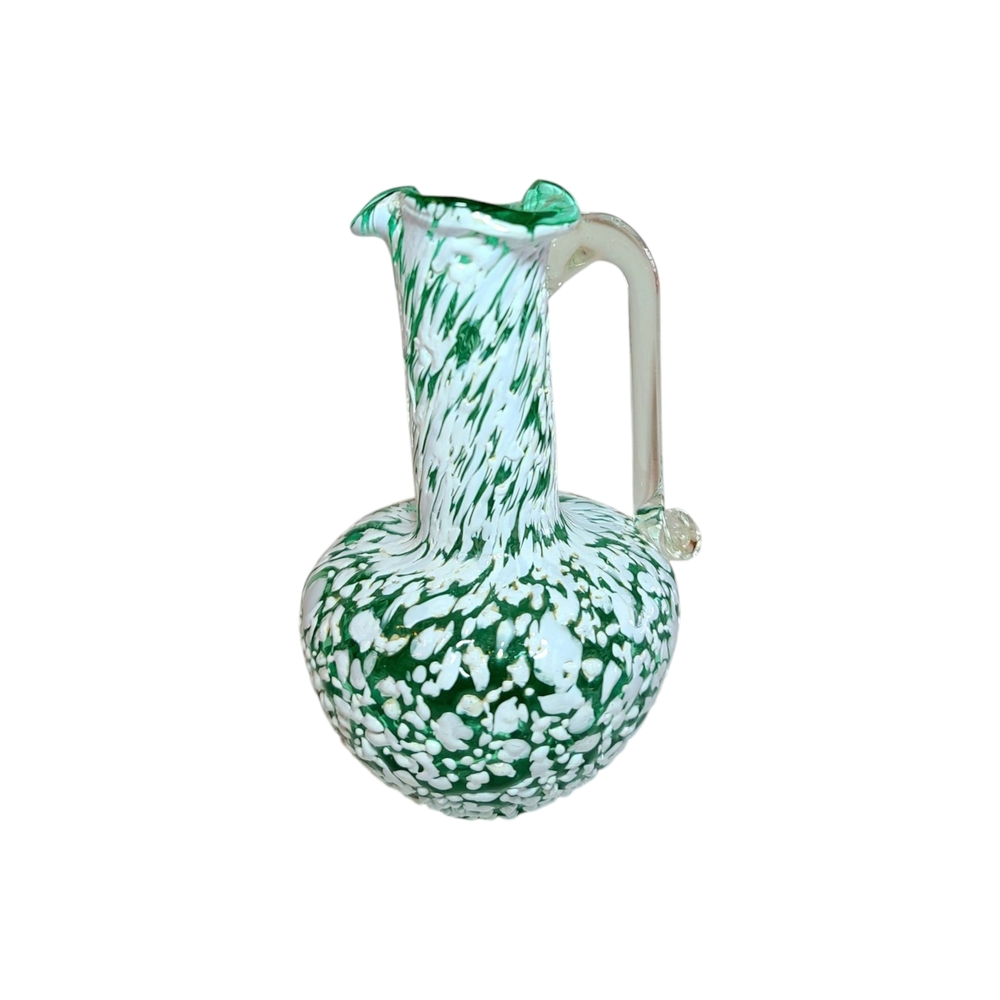 Pilgrim Glass Hand Blown Green and White Speckled Glass Pitcher
